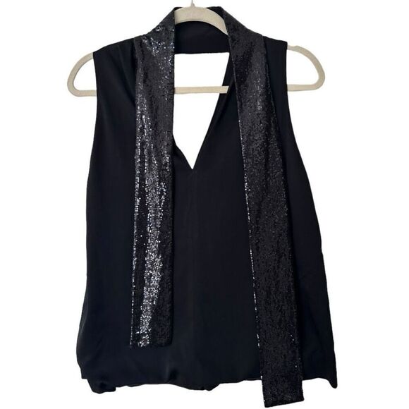 Galvan London Black Soft Crepe V-Neck Sequin Scarf Sleeveless Cortado Top Size 8 - Picture 8 of 14